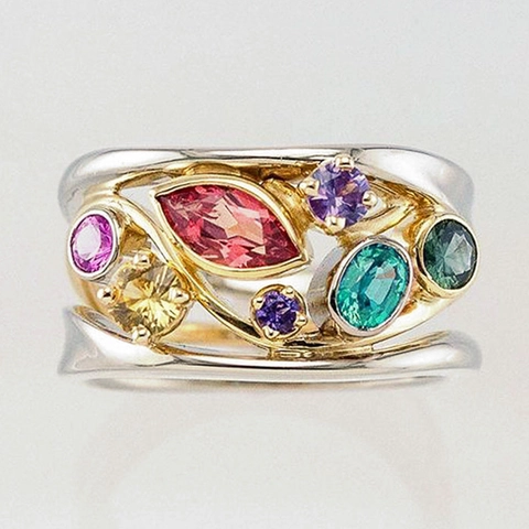 Multi Color Cubic Zirconia Ring Copper Two Tone Hollow Out Vine Style Vintage Elegant Finger Jewelry Women