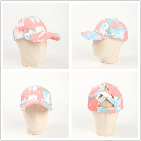 Honkbalpet Tie Dye Katoen Paardenstaart Criss Cross Hoog Warrige Knot Gat Verstelbaar Ademend Zonnehoed Voor Dames