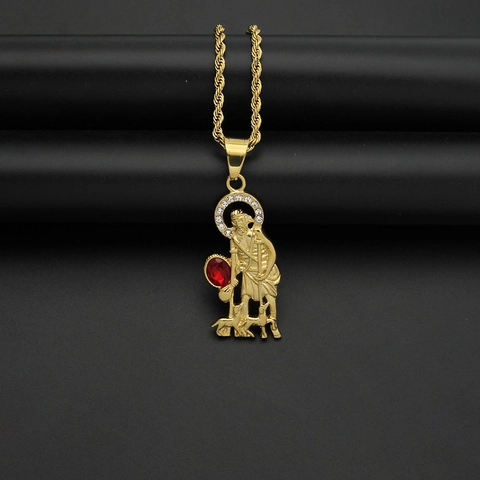 Collier Pendentif Saint Christophe Acier Inoxydable Plaqué Or Avec Strass Autrichien Rouge Médaille Religieuse Hip Hop