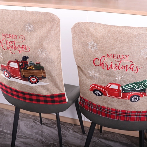 Fundas Para Respaldo De Silla De Navidad Lino Camión Rojo Copo De Nieve Decoración Comedor Borde De Cuadros Merry Christmas