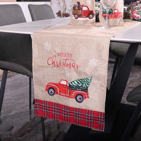 Christmas Table Runner And Wine Bottle Covers Faux Burlap Linen Red Truck Tree Print Buffalo Plaid Holiday Dining Decor