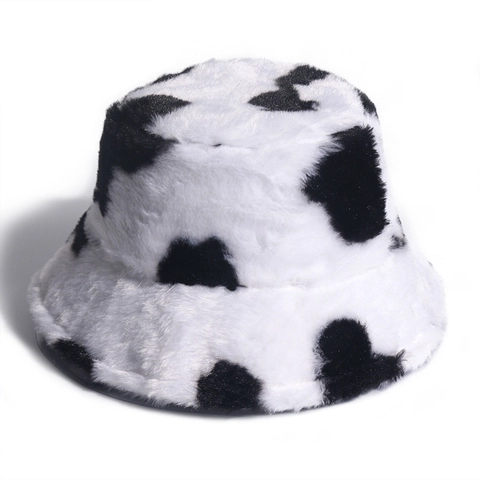 Chapeau Cloche Peluche Imprimé Vache Fausse Fourrure Chaud Épais Hiver Pour Femmes Extérieur Versatile Automne Mode
