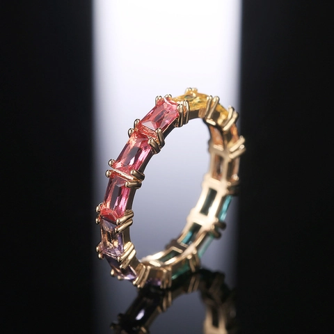Rainbow Eternity Ring Baguette Cut Multicolored Zircon Copper Plated Fashion Jewelry For Women Elegant
