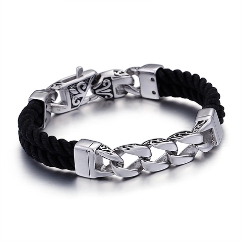 Bracelet Rétro Pour Hommes Avec Fermoir Gravé Totem En Acier Inoxydable 316L Et Corde Tressée Noire Double Couche