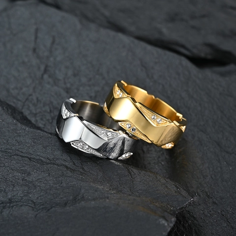 Anillo De Acero Inoxidable Ancho Geométrico Bañado En Oro Con Cristales Incrustados Joyería De Boda Unisex