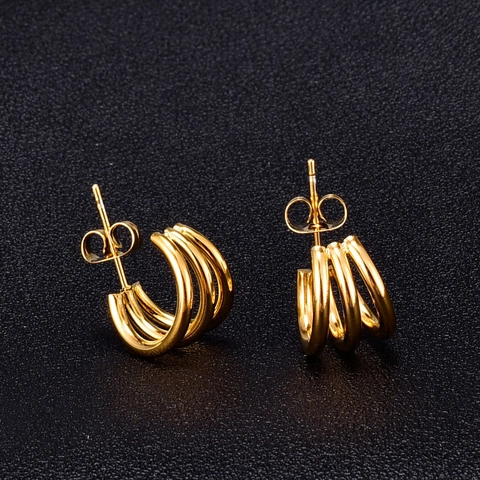 Franse Chic Triple Hoop Oorknopjes Titanium Staal 18K Verguld Minimalistische Gebogen Lijn Sieraden Voor Dames