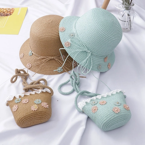 Ensemble Chapeau De Paille Et Sac Pour Enfants Décor De Marguerites Protection Solaire D'Été Accessoire De Plage Fille