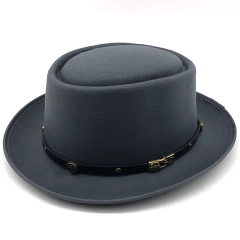 Cappello Fedora Vintage in Feltro di Cashmere a Cupola Piatta per Donna Uomo Tesa Larga Pork Pie Con Fascia a Fibbia in Metallo