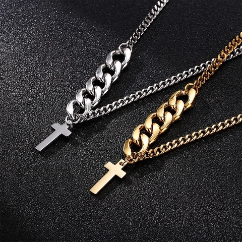 Collar Con Colgante De Cruz De Acero Inoxidable 316L Cadena Mixta Eslabón Cubano Joyería Pulida Minimalista Para Mujer Hombre