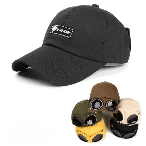 Pilot Style Baseball Cap With Integrated Goggles Sunglasses Cotton Peaked Cap Personalized Streetwear For Men Women
