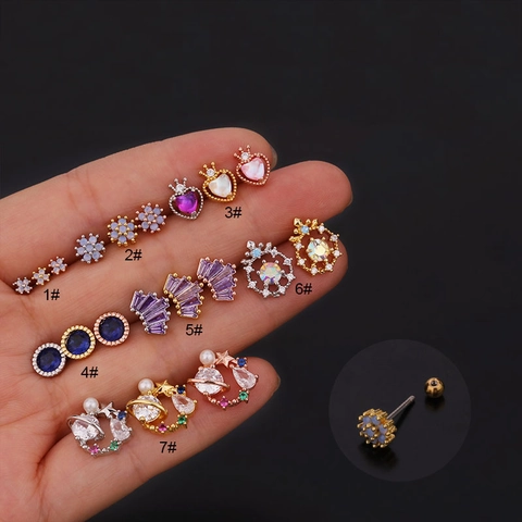 Zircon Cartilage Stud Earrings Stainless Steel Copper For Women Heart Flower Star Screw Back Piercing Jewelry