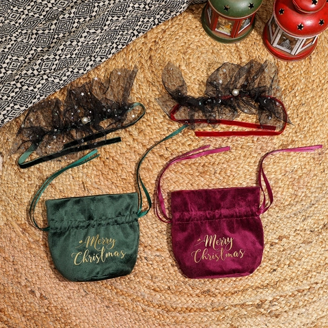 Weihnachten Samt Kordelzug Geschenktüte Mit Spitze Schleife Künstliche Perle Merry Christmas Schriftzug Für Weihnachten Party Deko