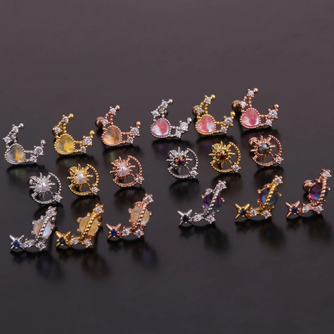 Stainless Steel Rod Ear Cartilage Studs Copper Inlaid Zircon Colorful Gemstone Piercing Jewelry Fashion For Women