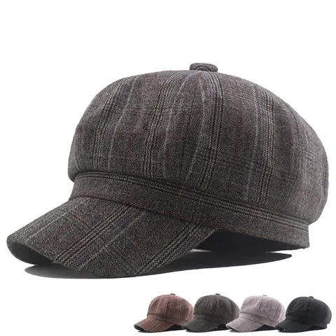 Retro Newsboy Cap For Women Plaid Octagonal Hat Cotton Polyester Blend British Style Painter Cap Autumn Winter
