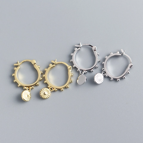 925 Sterling Silver Hoop Earrings With Sunburst Round Pendant And Bead Decor Fashion INS Style Elegant Gift For Women