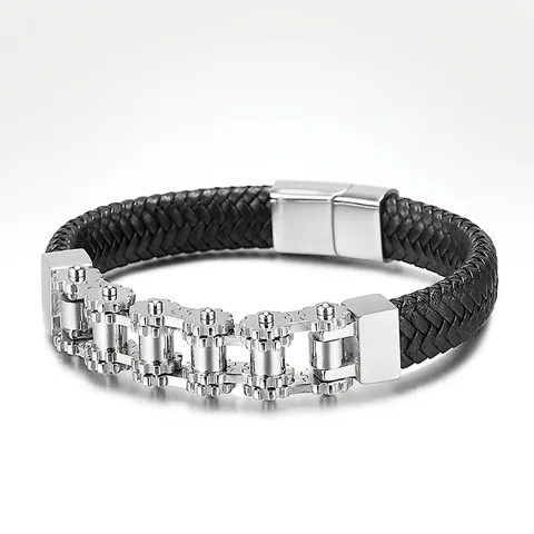 Men Mechanical Woven Leather Bracelet Stainless Steel Bicycle Chain Gears Punk Biker Jewelry Magnetic Clasp