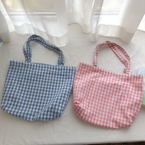 Sac Cabas À Carreaux Gingham Coton Et Toile Grande Capacité Poche Intérieure Décontracté Shopping Quotidien Style Japonais Rétro