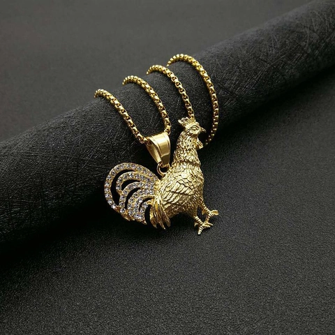 Haan Hanger Ketting Verguld Titanium Staal Zirkoon Strass Hip Hop Dierlijke Dierenriem Sieraden Voor Heren Dames