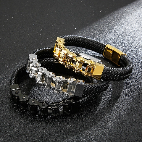 Bracelet Pour Homme En Acier Inoxydable Et Cuir Véritable Tressé Chaîne De Vélo Mécanique Punk Avec Fermoir Magnétique