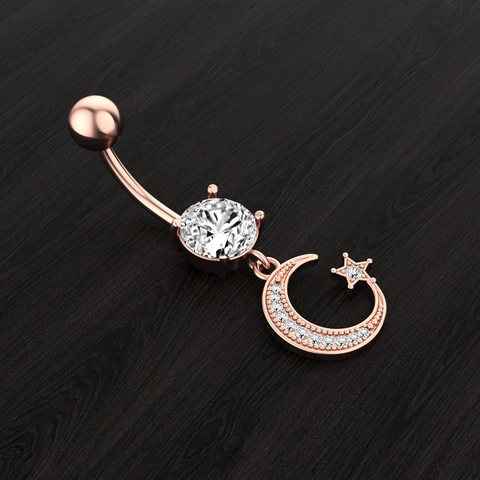 Moon Star Pendant Belly Button Ring Stainless Steel Cubic Zirconia Dangle Navel Piercing Jewelry For Women Trendy