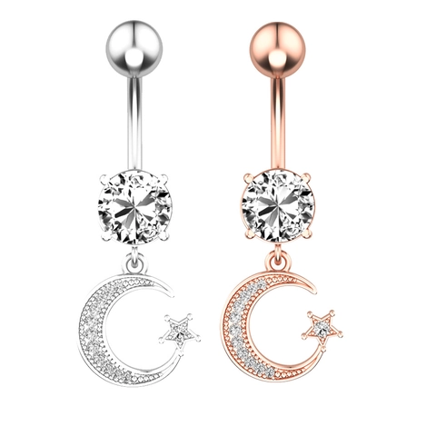 Moon Star Pendant Belly Button Ring Stainless Steel Cubic Zirconia Dangle Navel Piercing Jewelry For Women Trendy