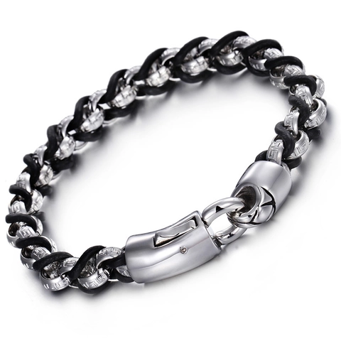 Pulsera De Cuero Trenzado Para Hombre Con Anillos Entrelazados De Acero Inoxidable Estilo Punk Geométrico Biker