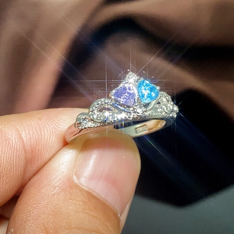 Alloy Crown Tiara Ring With Purple And Sky Blue Heart Shaped Cubic Zirconia Gemstones For Women Elegant Jewelry Gift