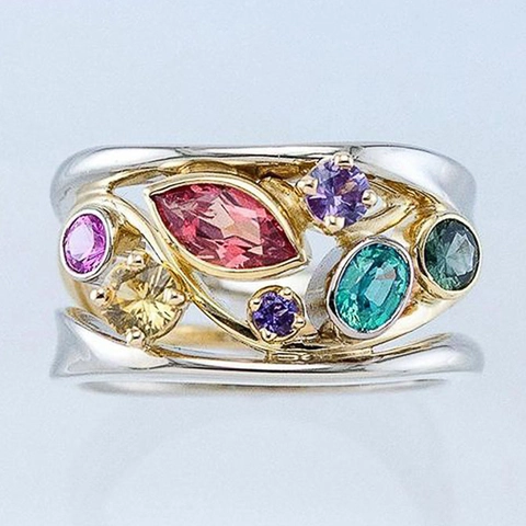 Multi Color Cubic Zirconia Ring Copper Two Tone Hollow Out Vine Style Vintage Elegant Finger Jewelry Women
