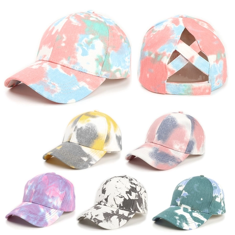 Honkbalpet Tie Dye Katoen Paardenstaart Criss Cross Hoog Warrige Knot Gat Verstelbaar Ademend Zonnehoed Voor Dames
