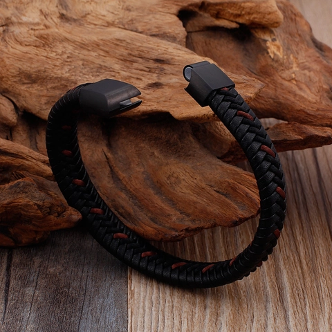 Men Braided Leather Bracelet With Stainless Steel Magnetic Clasp Punk Retro Geometric Hand Woven Jewelry For Women