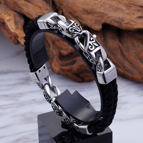 Bracelet Rétro Pour Hommes Avec Fermoir Gravé Totem En Acier Inoxydable 316L Et Corde Tressée Noire Double Couche