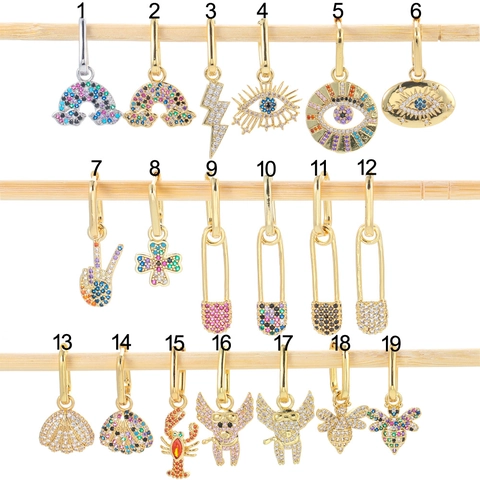 Mode Kupfer Vergoldet Zirkonia Creolen Für Damen Regenbogen Böses Auge Tier Schmetterling Büroklammer Charme Schmuck