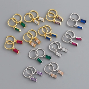 925 Sterling Silver Geometric Rectangular Colorful Zirconia Huggie Hoop Dangle Earrings For Women Fashion Jewelry Gift