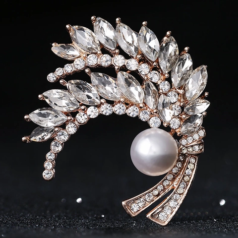 Elegant Wheat Ear Brooch With Marquise Crystal Rhinestone And Faux Artificial Pearl Curved Feather Shape Jewelry For Women