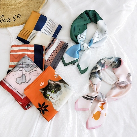 Foulard Quadrato Poliestere Satine Stampa Geometrica Floreale Gatto Elegante Leggero Per Donna Accessorio Da Ufficio