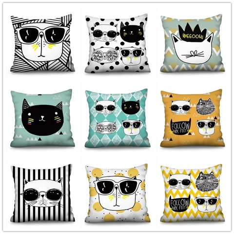 Cartoon Katze Kissenbezug Leinenoptik Quadratischer Kissenhülle Sonnenbrille Kätzchen Druck Geometrisch Muster Deko