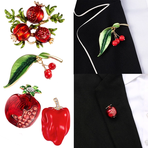 Spilla Frutta Pin Lega Smalto Strass Melograno Ciliegia Forma Moda Gioielli Accessori Per Donne Elegante