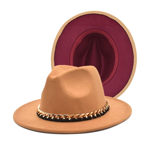 Fedora Hat Wide Brim Double Sided Color Block Jazz Hat With Gold Metal Chain Cotton Polyester Fashion Unisex