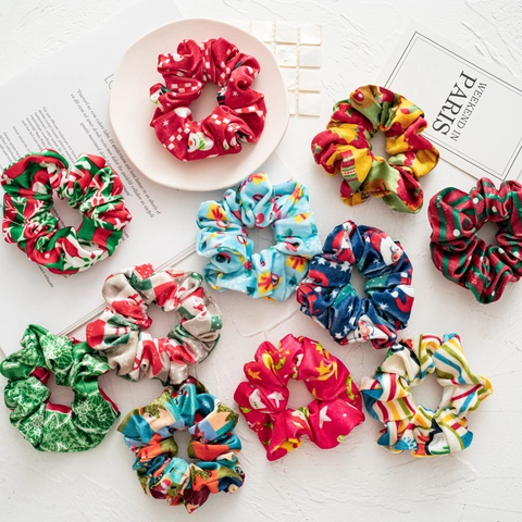 Chouchous De Noël En Velours Élastiques À Cheveux Festifs Avec Imprimé Père Noël Flocons De Neige Accessoires De Fête Pour Femmes