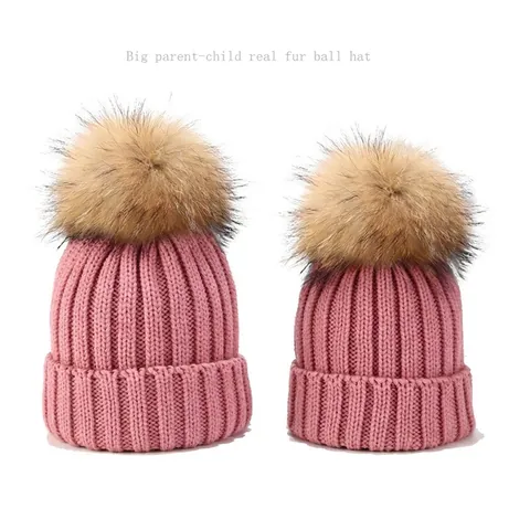 Winter Strickmütze Mit Großem Pelz Bommel Gerippt Elastisch Warm Thermisch Outdoor Für Erwachsene Kinder Männer Frauen