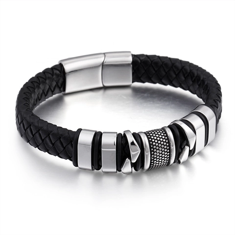 Gevlochten Leren Armband Voor Heren Met Roestvrijstalen Magneetsluiting Punk Stijl Meerlagige Metalen Ringen Sieraden