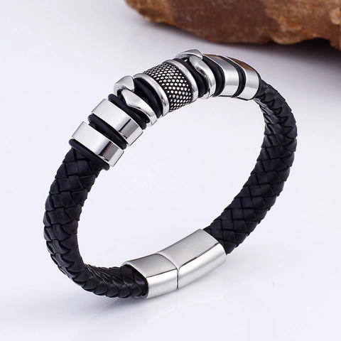 Woven Leather Bracelet For Men With Stainless Steel Magnetic Clasp Punk Style Multilayer Metal Rings Jewelry