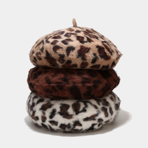 Women Leopard Print Beret Hat Faux Fur Plush Warm Winter Autumn Fashion Painter Cap Retro Vintage Accessories