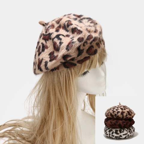 Women Leopard Print Beret Hat Faux Fur Plush Warm Winter Autumn Fashion Painter Cap Retro Vintage Accessories