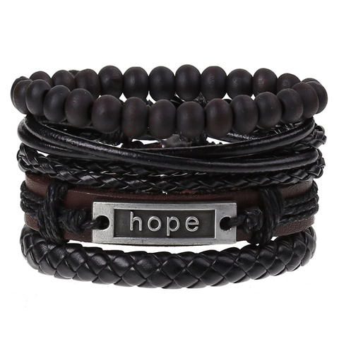 Vintage Cowhide Leather Braided Bracelet Multilayer Wood Beads Alloy Hope Letter For Men Retro Punk Style Hand Jewelry