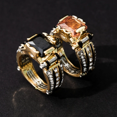 Geometric Square Ring With Gold Plated Alloy And Champagne Black Cubic Zirconia For Men Women Retro Industrial Style