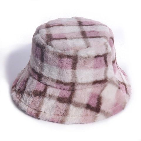 Plaid Faux Rabbit Fur Bucket Hat Winter Warm Plush Checked Fisherman Cap For Women Korean Style Fashion Soft Outdoor Hat