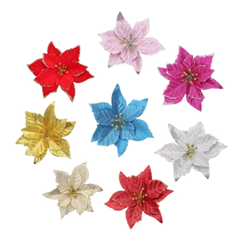 Artificial Poinsettia Flowers PET Fabric Glitter Decoration For Christmas Tree Wreath Holiday Party Home Ornament