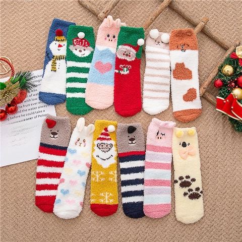 Dames Koraal Fleece Vloersokken Dikke Warme Winter Huis Slaapsokken Cartoon Dier Kerst Cadeau Gezellig Pluche Zacht