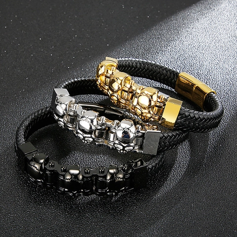 Pulsera De Calavera Para Hombre Acero Inoxidable Cuero Genuino Trenzado Punk Rock Gótico Cadena De Moto Cierre Magnético